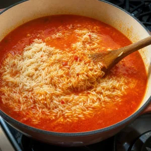 Washed parboiled rice stirred into red jollof sauce until coated