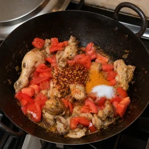 Chopped tomatoes, chili flakes, turmeric, and salt added to chicken karahi.