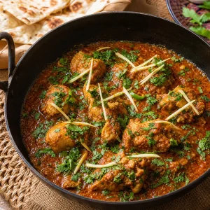 Chicken karahi garnished with ginger and cilantro, served with naan.