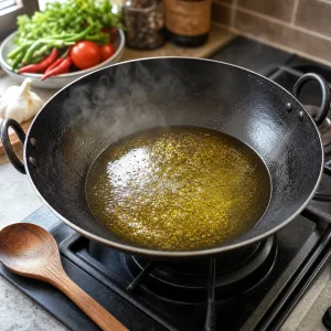 Ghee heating in a black karahi wok for Pakistani chicken karahi.
