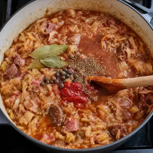 Broth red wine tomato paste and spices stirred into bigos