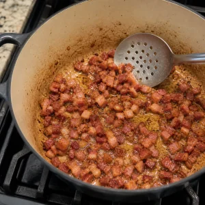 Diced bacon crisping in a Dutch oven for Polish bigos