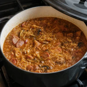 Polish bigos simmering gently with kielbasa pork cabbage and mushrooms
