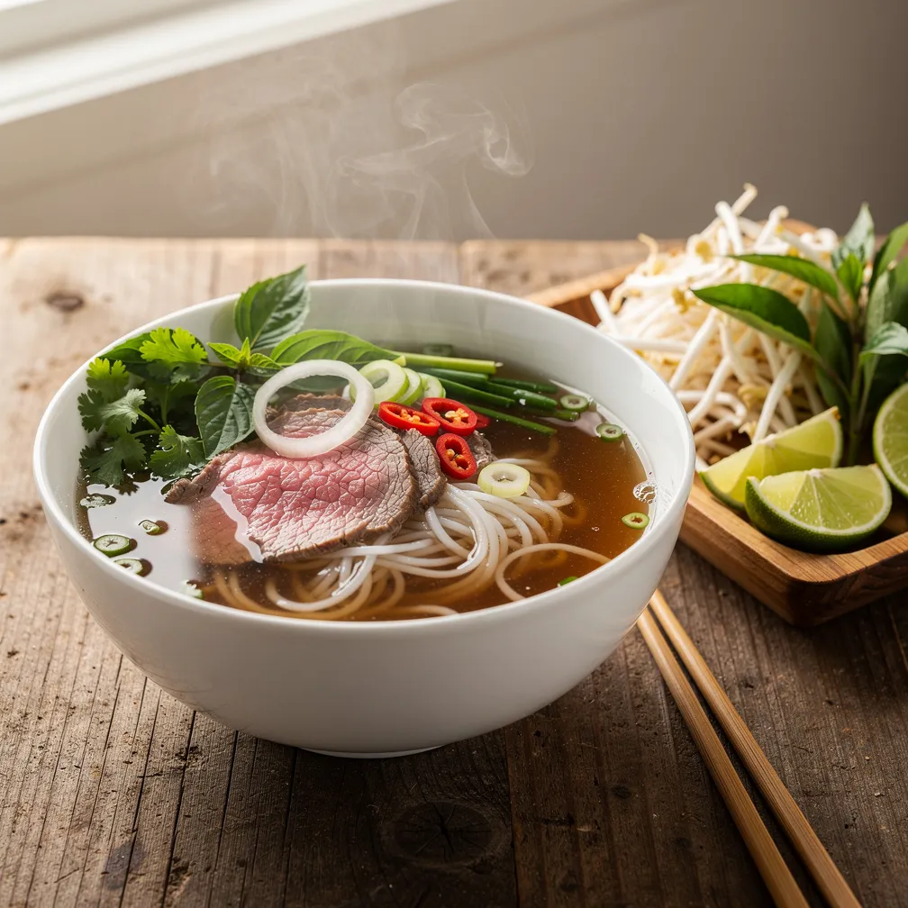 A steaming bowl of beef pho with rice noodles, thin beef slices, and fresh herbs in a ceramic bowl