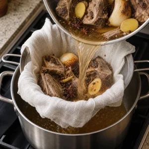 Beef pho broth strained through cheesecloth with bones and aromatics