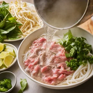 Boiling broth ladled over beef pho with herbs sprouts and lime