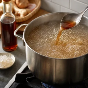 Clear beef pho broth boiling and being seasoned
