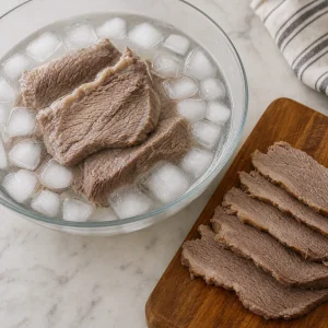 Cooked brisket chilled in an ice water bath before slicing