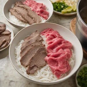Pho noodles topped with cooked brisket and raw eye round slices