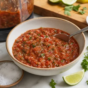 Gruba pieczona domowa salsa w misce z limonką i kolendrą