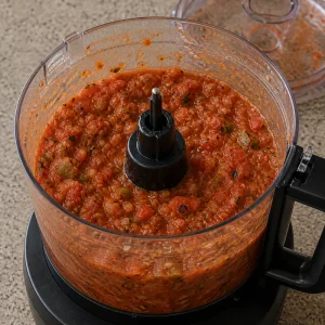Grubo miksowana pieczona salsa w malakserze
