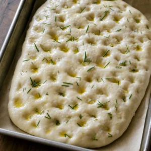 Dimpled pizza bianca dough topped with olive oil, rosemary, and flaky sea salt