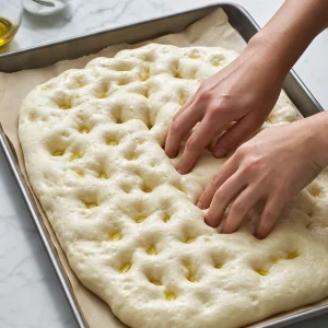 Fingertips pressing deep dimples into puffy pizza bianca dough