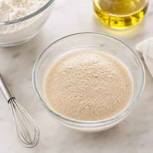 Foamy yeast blooming in warm water for pizza bianca dough