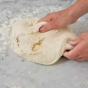 Pizza bianca dough kneaded on a lightly floured surface until elastic
