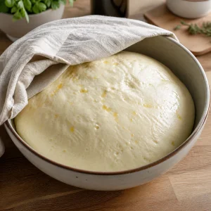 Pizza bianca dough risen in a lightly greased bowl under a cloth