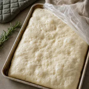 Puffy pizza bianca dough after the second rise on the sheet pan
