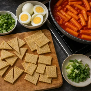 Cut fish cakes with green onions and boiled eggs ready for tteokbokki.