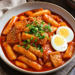 Finished spicy Korean rice cakes tteokbokki with fish cakes, egg, green onions, and sesame seeds.