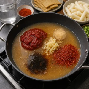 Gochujang sauce ingredients added to broth in a shallow pan.