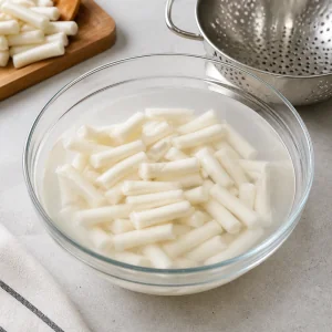 Korean rice cakes soaking in warm water before draining.