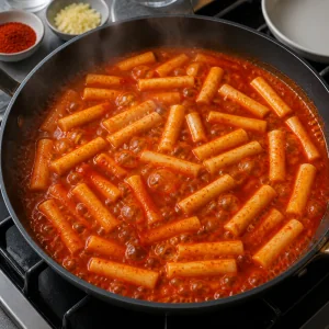 Rice cakes added to bubbling red tteokbokki sauce in a pan.