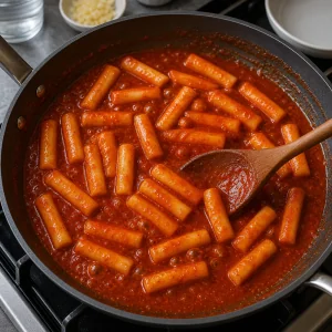 Rice cakes stirred in thick red sauce to keep them from sticking.