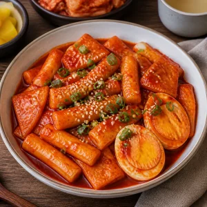 Served tteokbokki garnished with toasted sesame seeds.