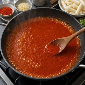 Spicy tteokbokki sauce boiling as the chili paste dissolves.
