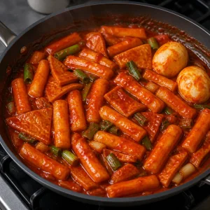 Tteokbokki simmered until the glossy sauce coats the rice cakes.