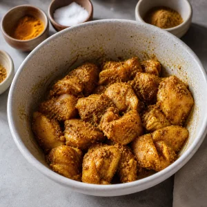 Chicken pieces coated with roasted curry powder, turmeric, and salt.