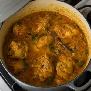 Thickened Sri Lankan chicken curry simmering with tender chicken pieces.