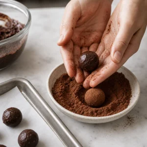 A chocolate truffle being rolled by hand and coated in cocoa powder.