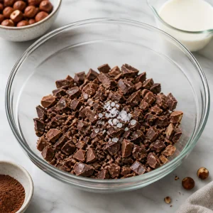 Chopped Swiss milk and dark chocolate with sea salt in a glass bowl.