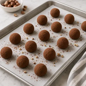 Finished cocoa-dusted truffles arranged on a parchment-lined baking sheet to chill.