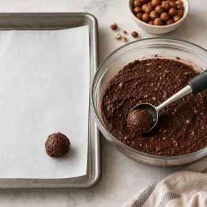 Firm truffle mixture being scooped onto a parchment-lined baking sheet.