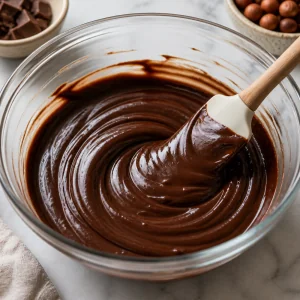 Glossy smooth chocolate ganache being stirred with a spatula.
