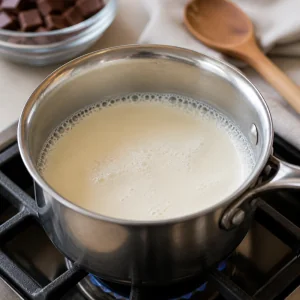 Heavy cream gently simmering around the edges in a small saucepan.