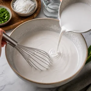 Coconut milk and warm water whisked into the flour mixture until smooth