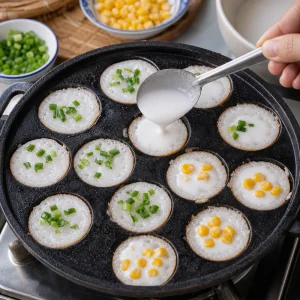Coconut topping cream spooned into pancake centers with green onion and corn sprinkled on top