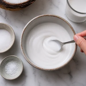 Coconut topping cream stirred with sugar and salt in a small bowl
