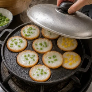 Cooked khanom khrok with golden crispy edges and soft custardy tops revealed under the lid