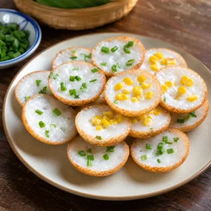 Finished Thai khanom khrok coconut pancakes with crisp golden edges, creamy centers, green onion, and corn
