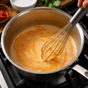 Coconut milk and red curry paste whisked in a saucepan until smooth