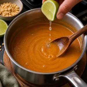 Fresh lime juice stirred into warm Thai peanut satay sauce