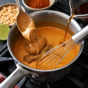 Peanut butter brown sugar and fish sauce added to the coconut curry sauce