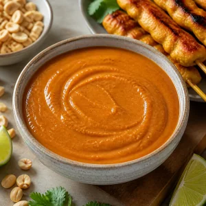 Thai peanut satay sauce cooling in a bowl before serving