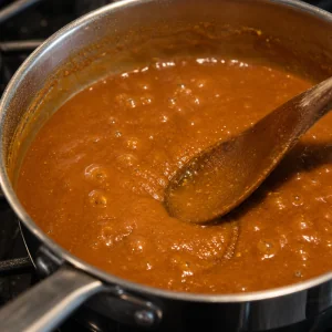 Thick orange brown Thai peanut sauce simmering with small bubbles