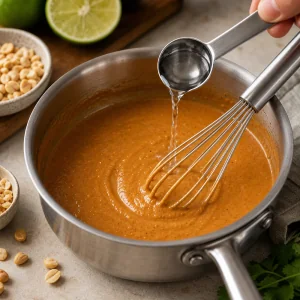 Water whisked into thick peanut satay sauce to adjust the consistency