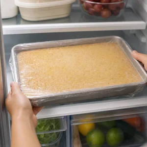 Covered tres leches cake chilling in the refrigerator